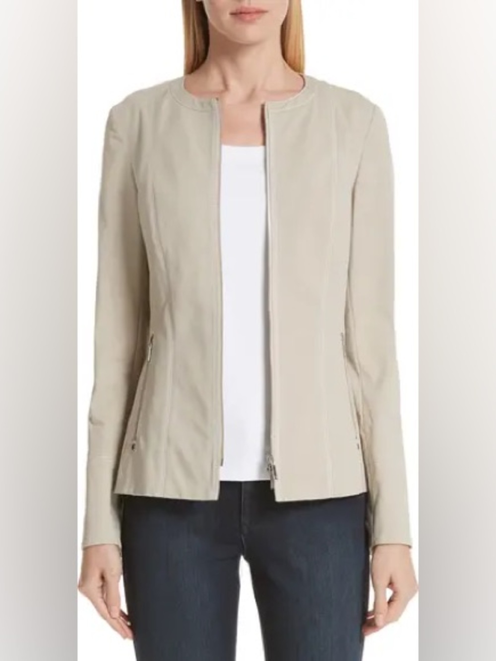 Lafayette 148 New York Slim Cream Leather Zip Jacket 946